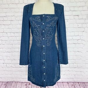 AVEC LES FILLES Western Embroidered Snap Front Long Sleeve Denim Mini Dress--6
